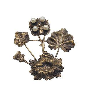 Vintage Bronze Floral Faux Pearl Brooch Pin Botanical Design 2.25 In